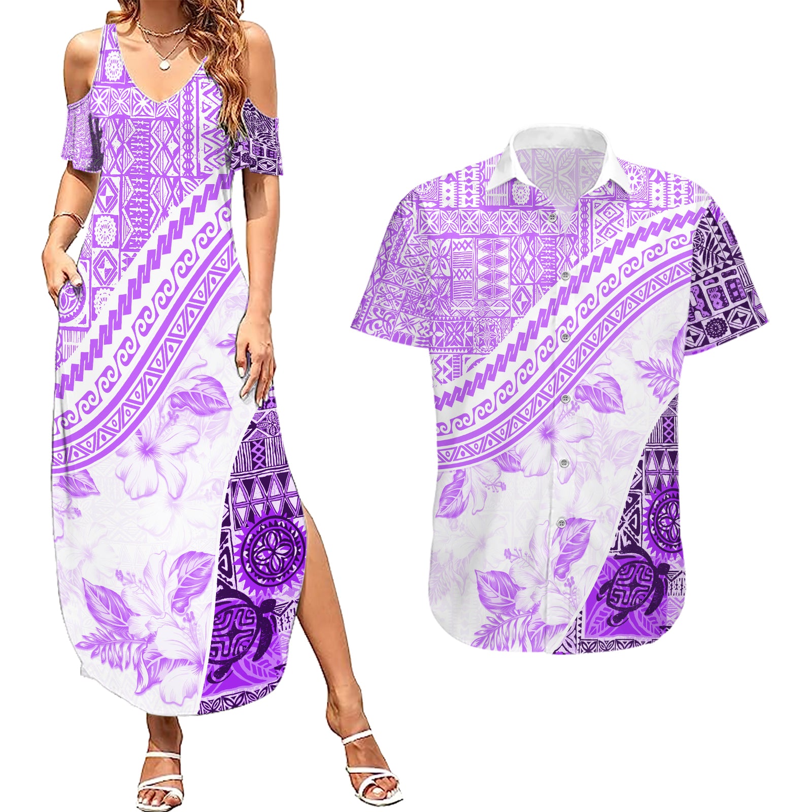 Hawaiian Tapa Couples Matching Summer Maxi Dress and Hawaiian Shirt Traditional Vintage Pattern Violet LT05 Violet - Polynesian Pride