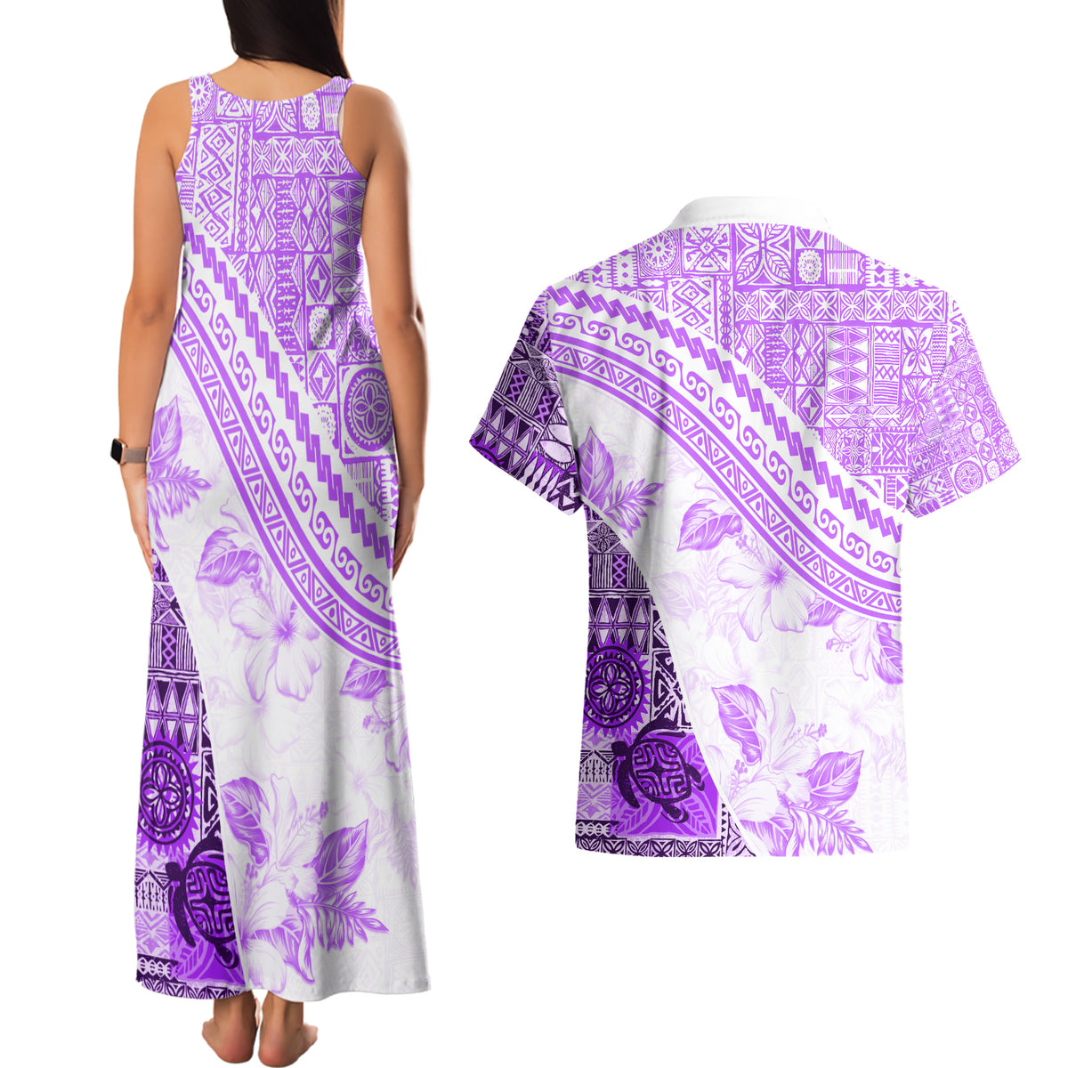 Hawaiian Tapa Couples Matching Tank Maxi Dress and Hawaiian Shirt Traditional Vintage Pattern Violet LT05 - Polynesian Pride