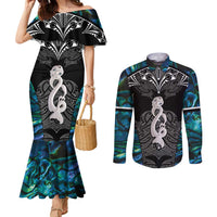 New Zealand Aotearoa Couples Matching Mermaid Dress and Long Sleeve Button Shirt Maori Taniwha Paua Shell LT05 Black - Polynesian Pride