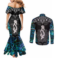 New Zealand Aotearoa Couples Matching Mermaid Dress and Long Sleeve Button Shirt Maori Taniwha Paua Shell LT05 - Polynesian Pride