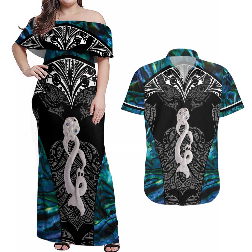 New Zealand Aotearoa Couples Matching Off Shoulder Maxi Dress and Hawaiian Shirt Maori Taniwha Paua Shell LT05 Black - Polynesian Pride