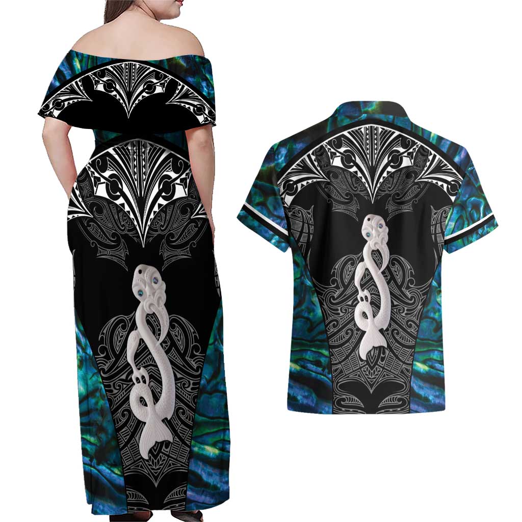 New Zealand Aotearoa Couples Matching Off Shoulder Maxi Dress and Hawaiian Shirt Maori Taniwha Paua Shell LT05 - Polynesian Pride