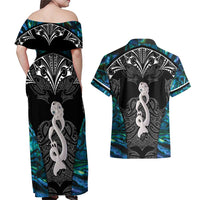 New Zealand Aotearoa Couples Matching Off Shoulder Maxi Dress and Hawaiian Shirt Maori Taniwha Paua Shell LT05 - Polynesian Pride