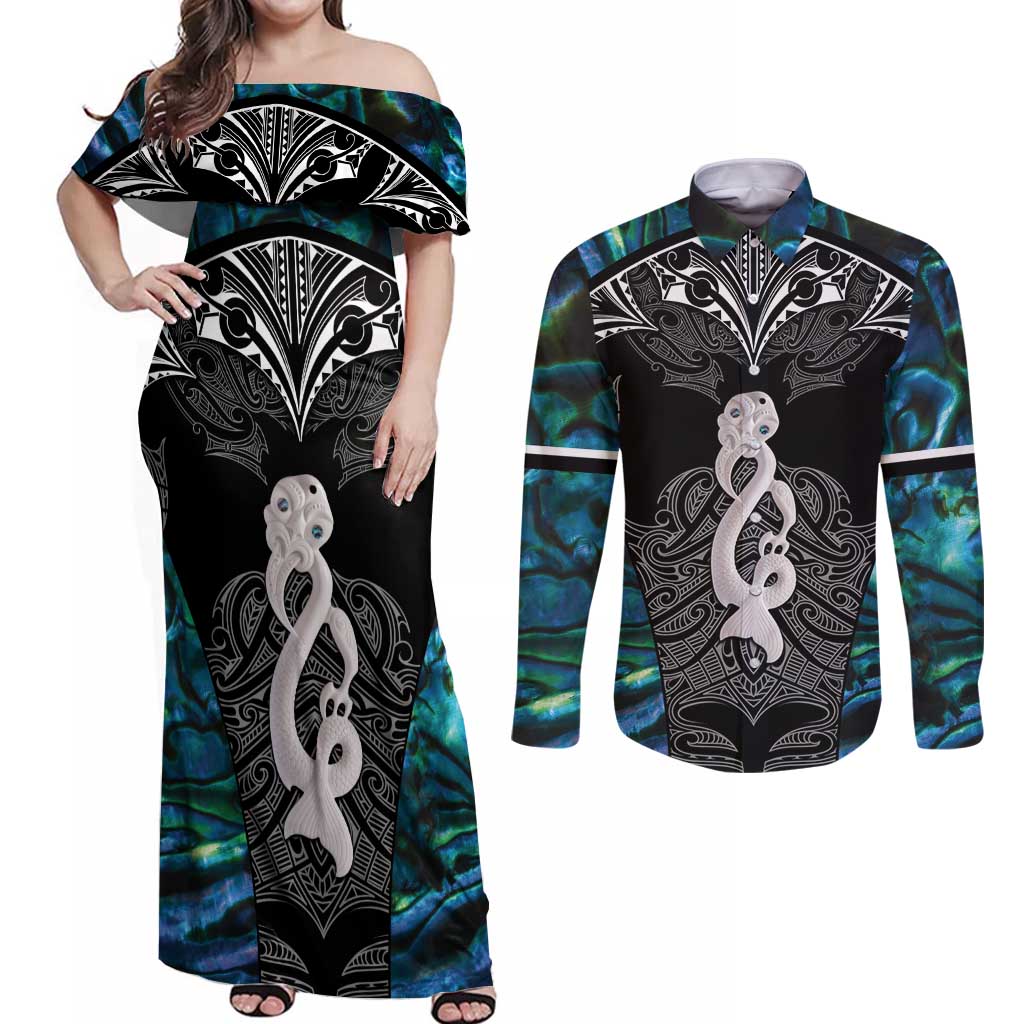 New Zealand Aotearoa Couples Matching Off Shoulder Maxi Dress and Long Sleeve Button Shirt Maori Taniwha Paua Shell LT05 Black - Polynesian Pride