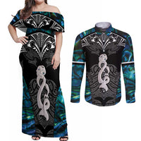 New Zealand Aotearoa Couples Matching Off Shoulder Maxi Dress and Long Sleeve Button Shirt Maori Taniwha Paua Shell LT05 Black - Polynesian Pride