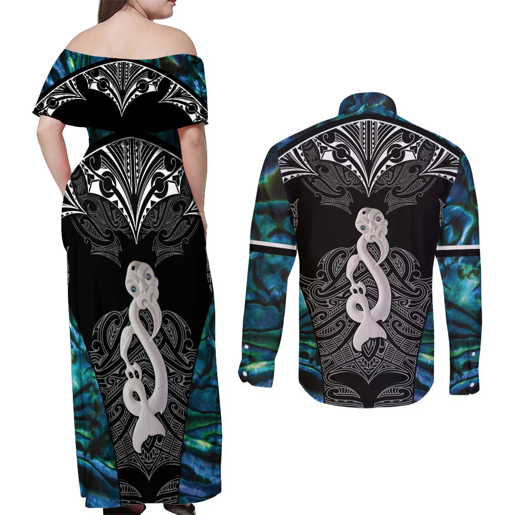 New Zealand Aotearoa Couples Matching Off Shoulder Maxi Dress and Long Sleeve Button Shirt Maori Taniwha Paua Shell LT05 - Polynesian Pride