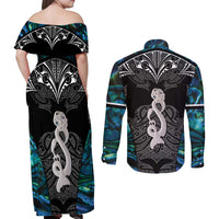 New Zealand Aotearoa Couples Matching Off Shoulder Maxi Dress and Long Sleeve Button Shirt Maori Taniwha Paua Shell LT05 - Polynesian Pride