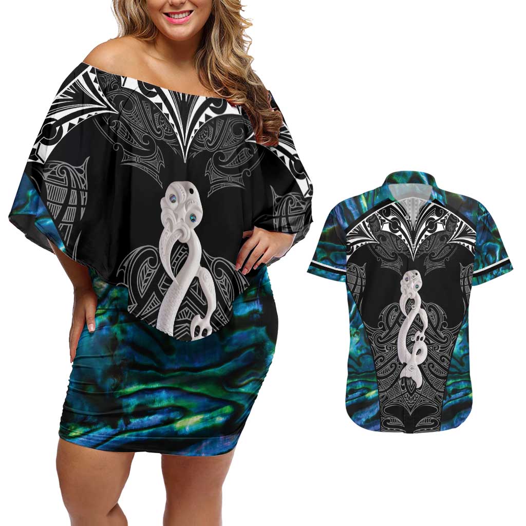 New Zealand Aotearoa Couples Matching Off Shoulder Short Dress and Hawaiian Shirt Maori Taniwha Paua Shell LT05 Black - Polynesian Pride