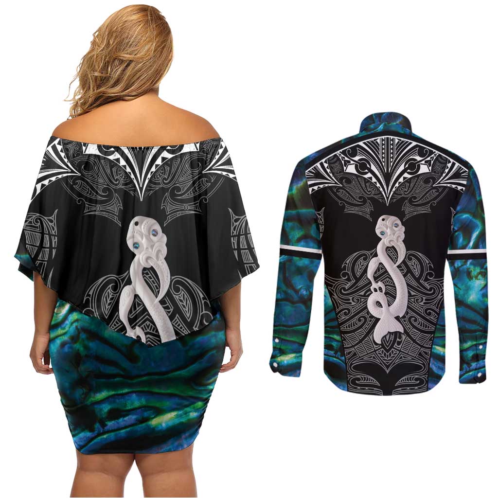 New Zealand Aotearoa Couples Matching Off Shoulder Short Dress and Long Sleeve Button Shirt Maori Taniwha Paua Shell LT05 - Polynesian Pride