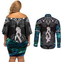 New Zealand Aotearoa Couples Matching Off Shoulder Short Dress and Long Sleeve Button Shirt Maori Taniwha Paua Shell LT05 - Polynesian Pride