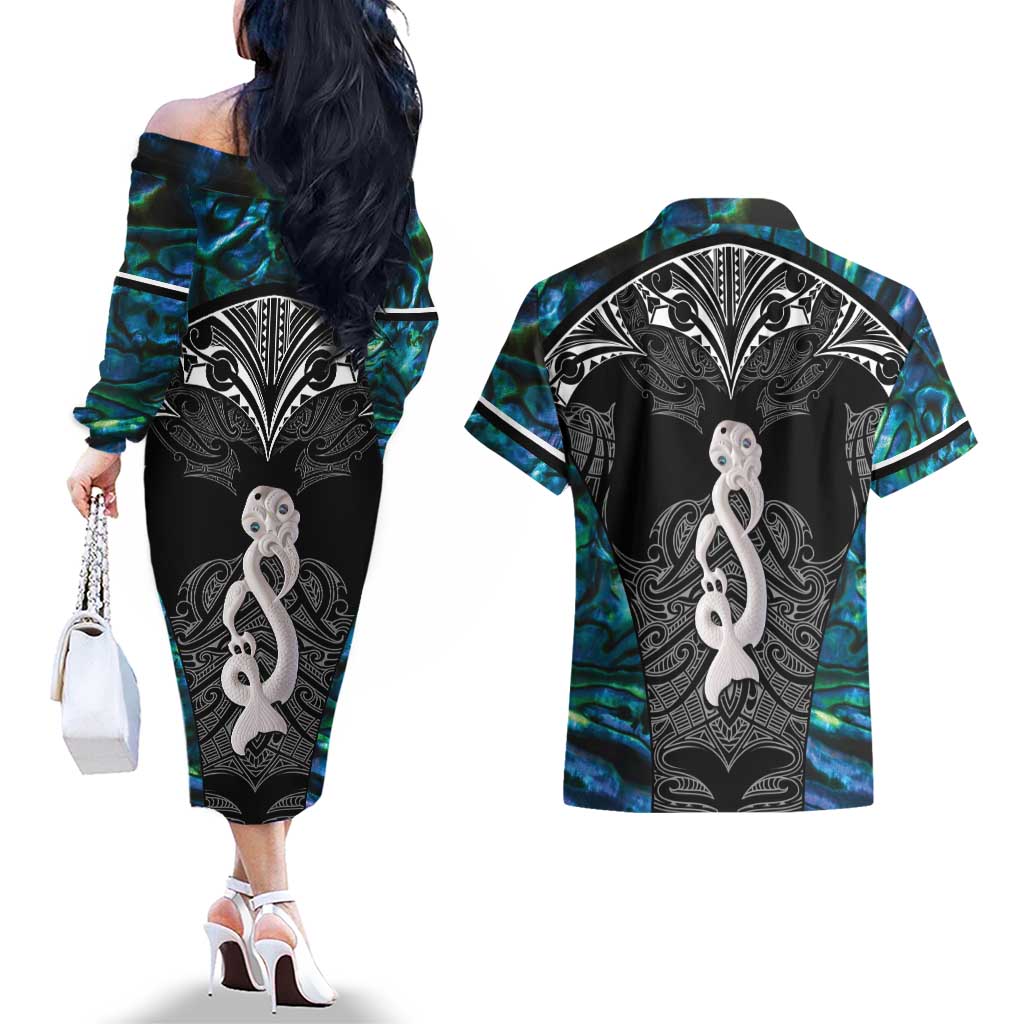 New Zealand Aotearoa Couples Matching Off The Shoulder Long Sleeve Dress and Hawaiian Shirt Maori Taniwha Paua Shell LT05 - Polynesian Pride