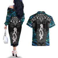 New Zealand Aotearoa Couples Matching Off The Shoulder Long Sleeve Dress and Hawaiian Shirt Maori Taniwha Paua Shell LT05 - Polynesian Pride