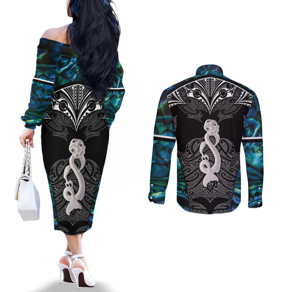 New Zealand Aotearoa Couples Matching Off The Shoulder Long Sleeve Dress and Long Sleeve Button Shirt Maori Taniwha Paua Shell LT05 - Polynesian Pride