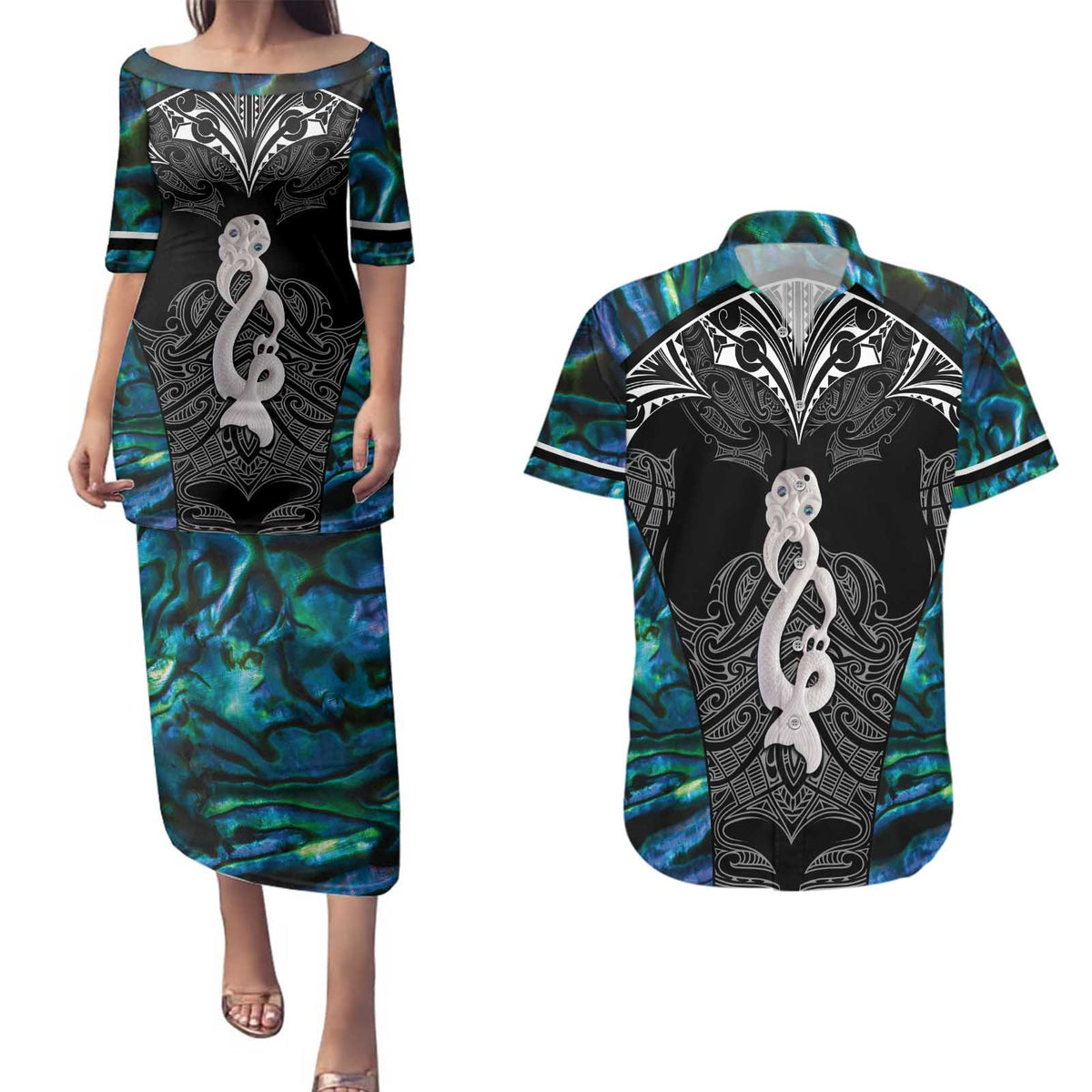 New Zealand Aotearoa Couples Matching Puletasi and Hawaiian Shirt Maori Taniwha Paua Shell LT05 Black - Polynesian Pride
