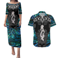 New Zealand Aotearoa Couples Matching Puletasi and Hawaiian Shirt Maori Taniwha Paua Shell LT05 Black - Polynesian Pride