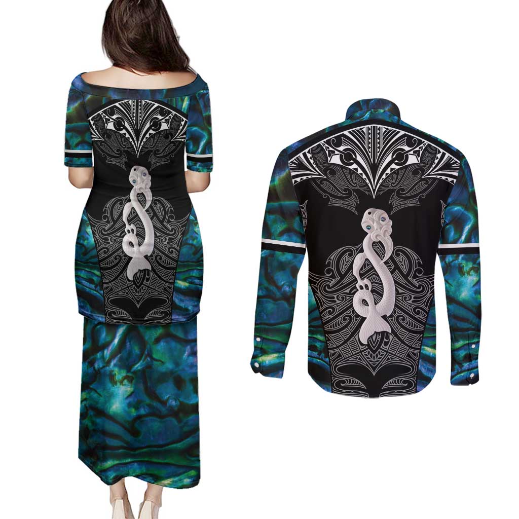 New Zealand Aotearoa Couples Matching Puletasi and Long Sleeve Button Shirt Maori Taniwha Paua Shell LT05 - Polynesian Pride
