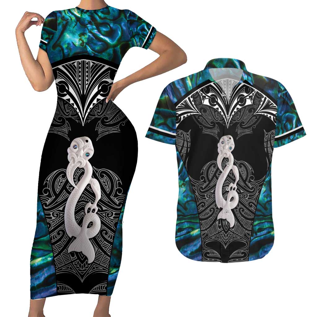 New Zealand Aotearoa Couples Matching Short Sleeve Bodycon Dress and Hawaiian Shirt Maori Taniwha Paua Shell LT05 Black - Polynesian Pride