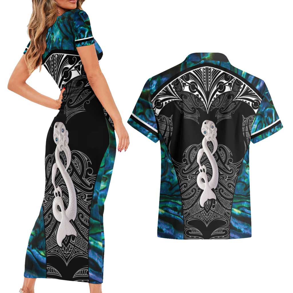 New Zealand Aotearoa Couples Matching Short Sleeve Bodycon Dress and Hawaiian Shirt Maori Taniwha Paua Shell LT05 - Polynesian Pride