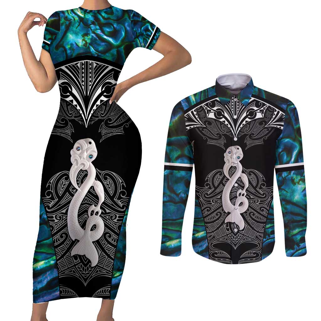 New Zealand Aotearoa Couples Matching Short Sleeve Bodycon Dress and Long Sleeve Button Shirt Maori Taniwha Paua Shell LT05 Black - Polynesian Pride