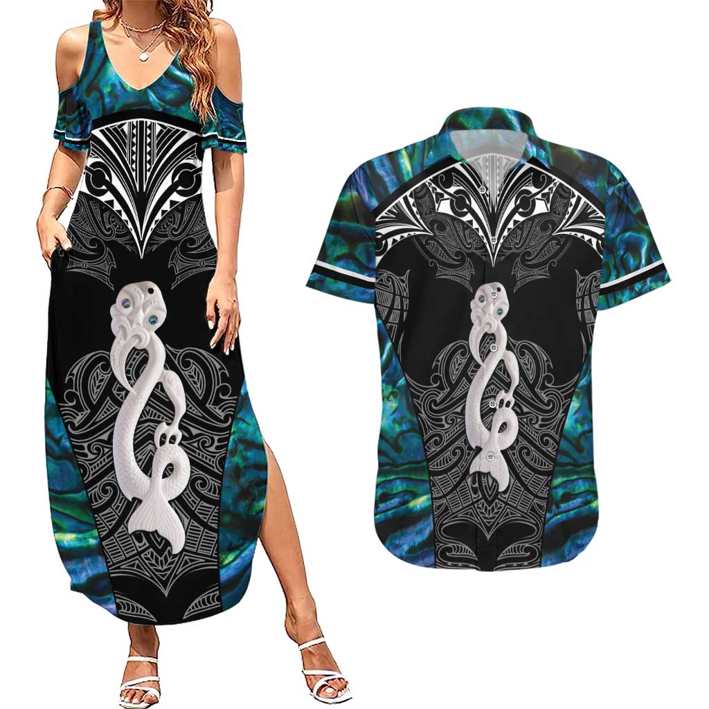 New Zealand Aotearoa Couples Matching Summer Maxi Dress and Hawaiian Shirt Maori Taniwha Paua Shell LT05 Black - Polynesian Pride