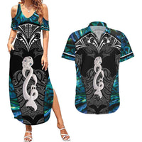 New Zealand Aotearoa Couples Matching Summer Maxi Dress and Hawaiian Shirt Maori Taniwha Paua Shell LT05 Black - Polynesian Pride