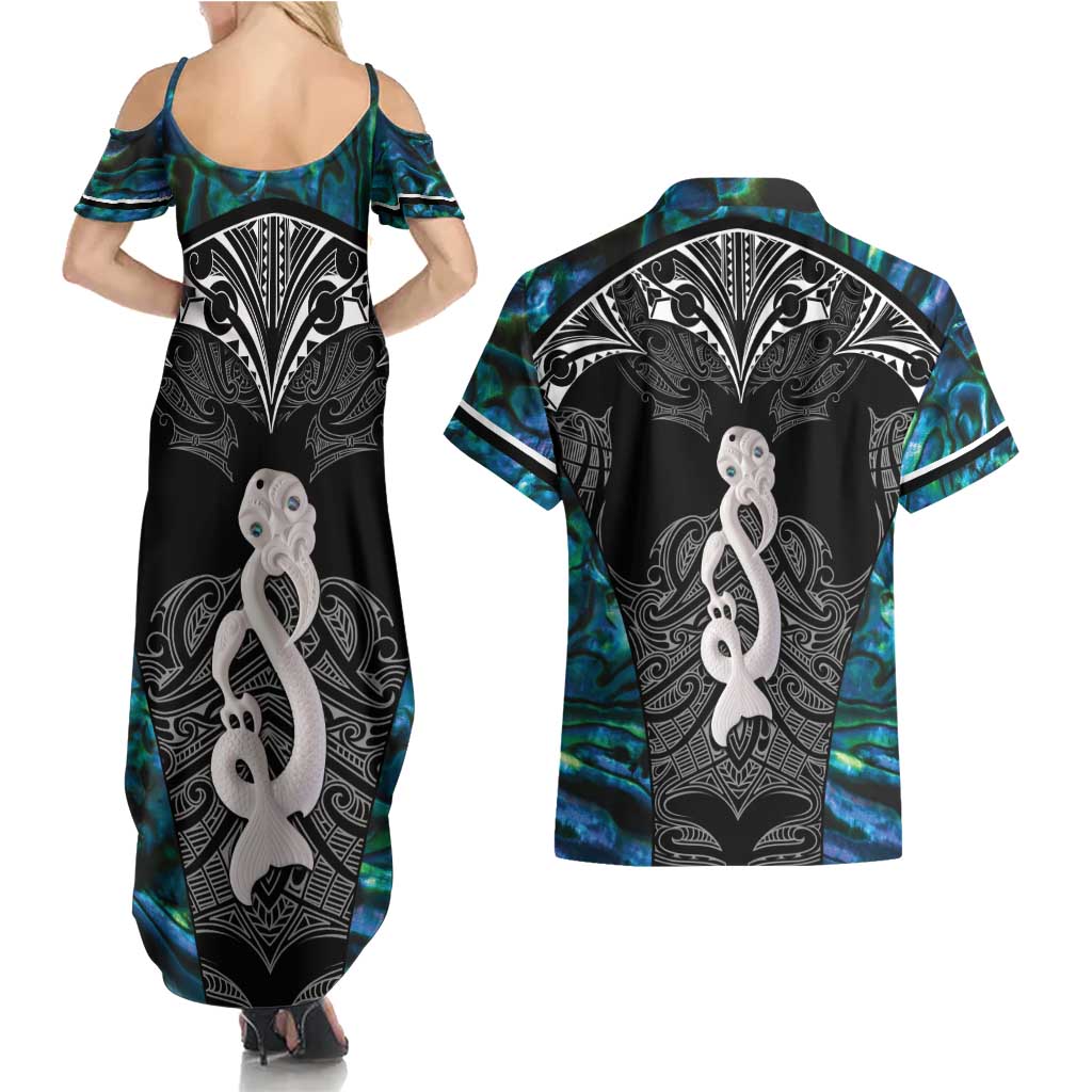 New Zealand Aotearoa Couples Matching Summer Maxi Dress and Hawaiian Shirt Maori Taniwha Paua Shell LT05 - Polynesian Pride