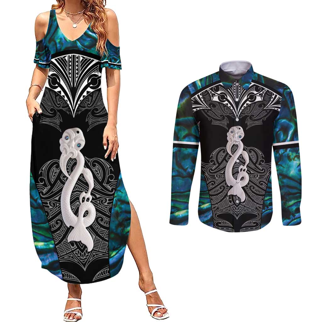 New Zealand Aotearoa Couples Matching Summer Maxi Dress and Long Sleeve Button Shirt Maori Taniwha Paua Shell LT05 Black - Polynesian Pride