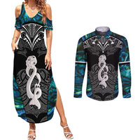 New Zealand Aotearoa Couples Matching Summer Maxi Dress and Long Sleeve Button Shirt Maori Taniwha Paua Shell LT05 Black - Polynesian Pride