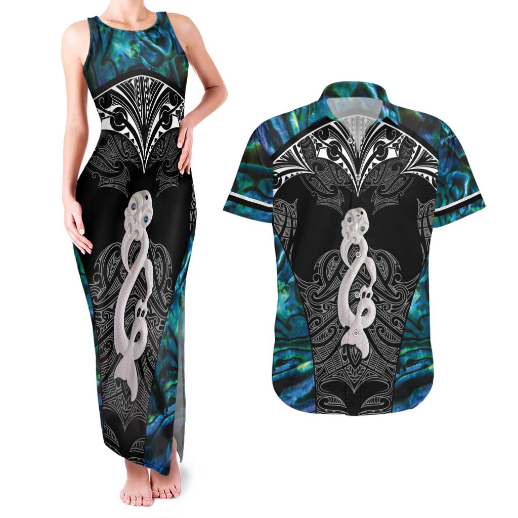 New Zealand Aotearoa Couples Matching Tank Maxi Dress and Hawaiian Shirt Maori Taniwha Paua Shell LT05 Black - Polynesian Pride