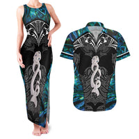 New Zealand Aotearoa Couples Matching Tank Maxi Dress and Hawaiian Shirt Maori Taniwha Paua Shell LT05 Black - Polynesian Pride
