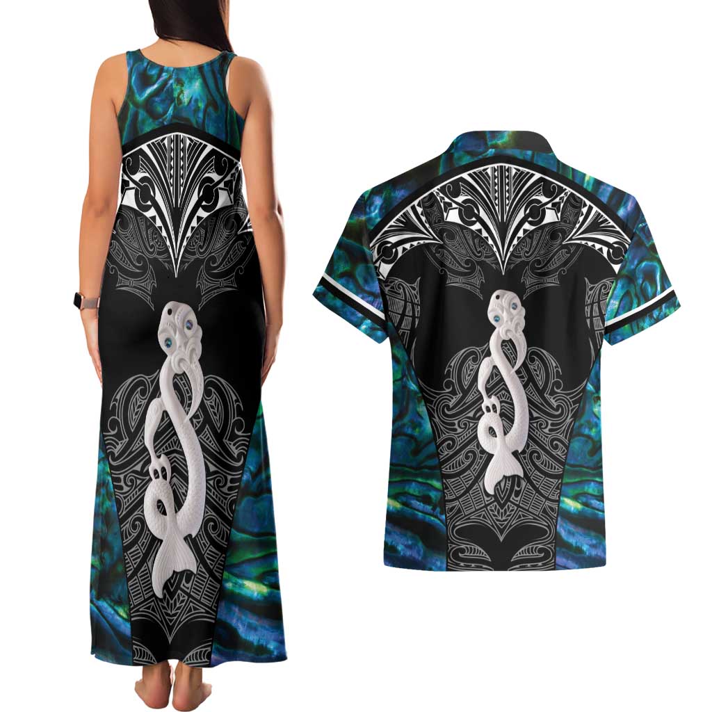 New Zealand Aotearoa Couples Matching Tank Maxi Dress and Hawaiian Shirt Maori Taniwha Paua Shell LT05 - Polynesian Pride