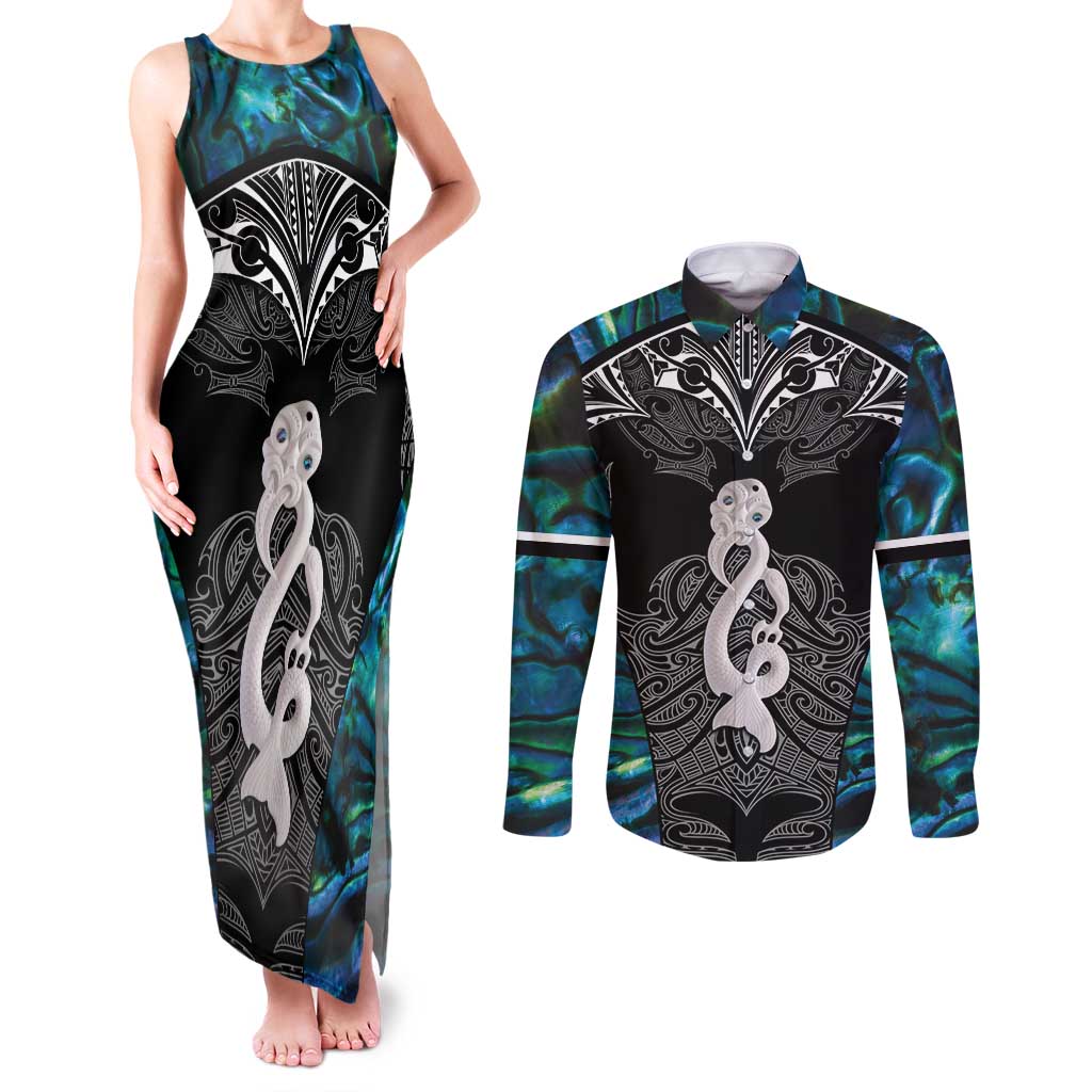 New Zealand Aotearoa Couples Matching Tank Maxi Dress and Long Sleeve Button Shirt Maori Taniwha Paua Shell LT05 Black - Polynesian Pride