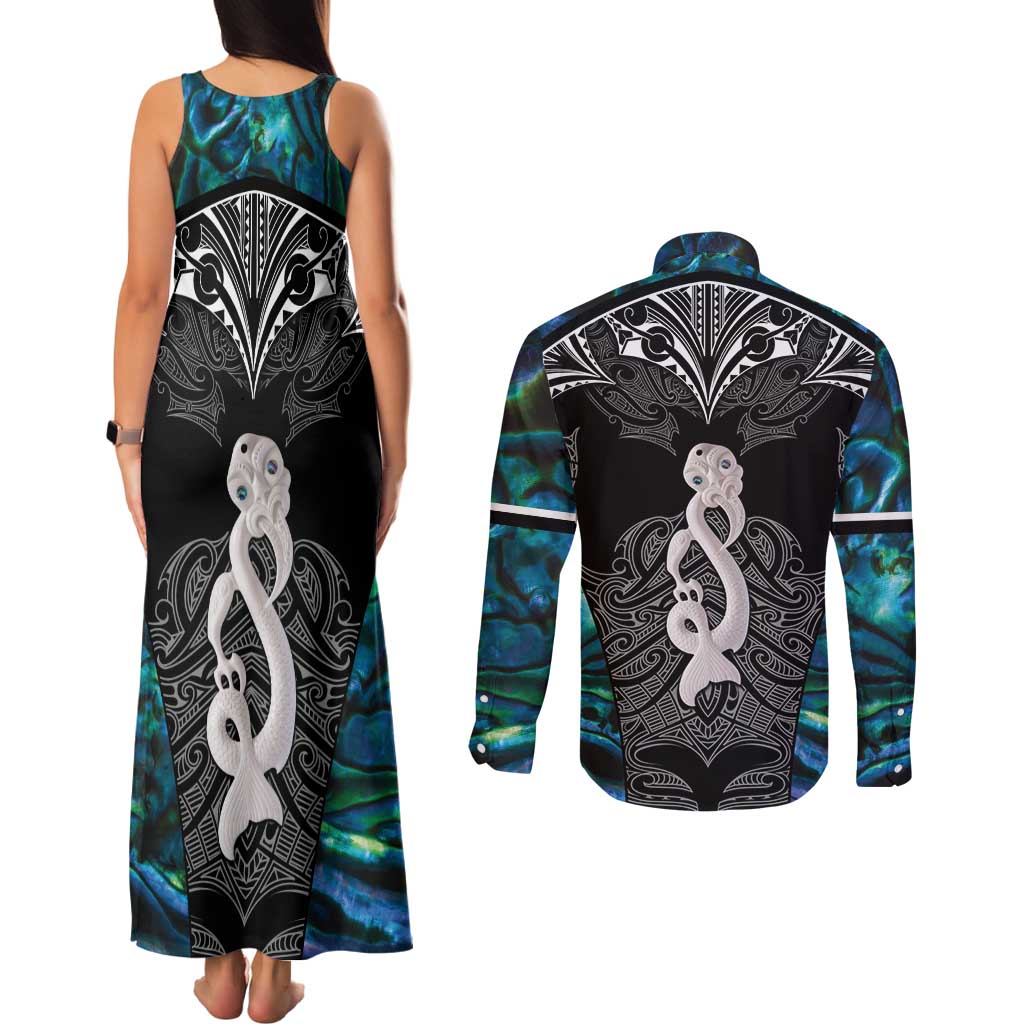 New Zealand Aotearoa Couples Matching Tank Maxi Dress and Long Sleeve Button Shirt Maori Taniwha Paua Shell LT05 - Polynesian Pride