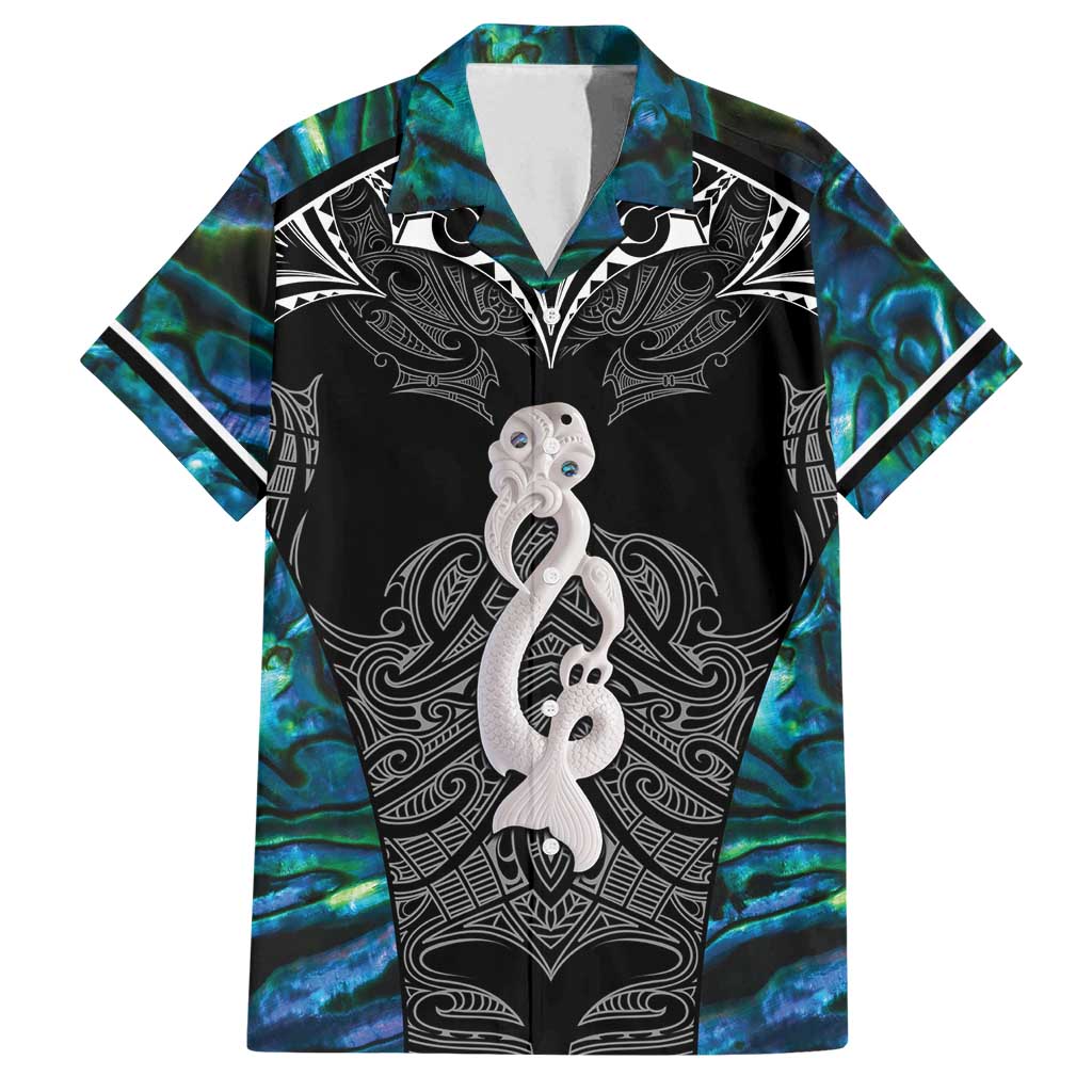 New Zealand Aotearoa Family Matching Long Sleeve Bodycon Dress and Hawaiian Shirt Maori Taniwha Paua Shell LT05 Dad's Shirt - Short Sleeve Black - Polynesian Pride