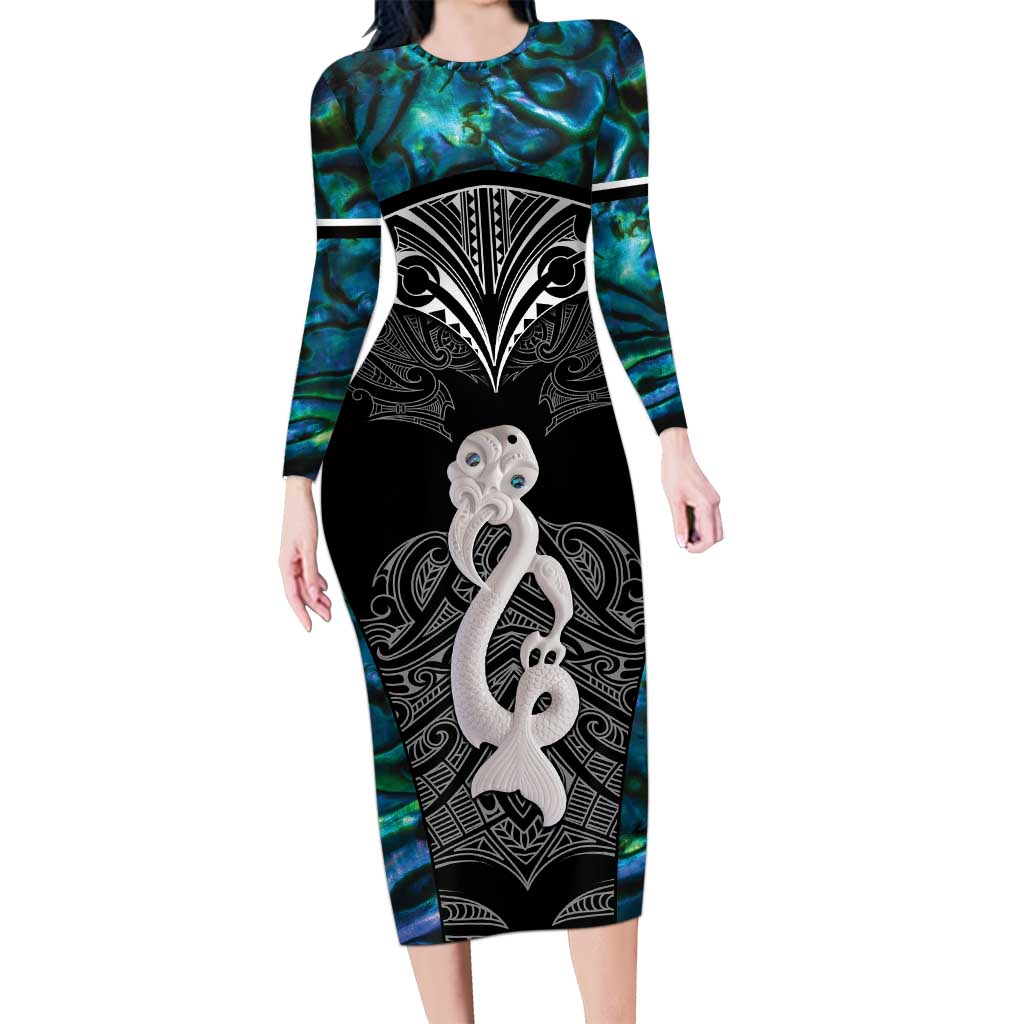 New Zealand Aotearoa Family Matching Long Sleeve Bodycon Dress and Hawaiian Shirt Maori Taniwha Paua Shell LT05 Mom's Dress Black - Polynesian Pride