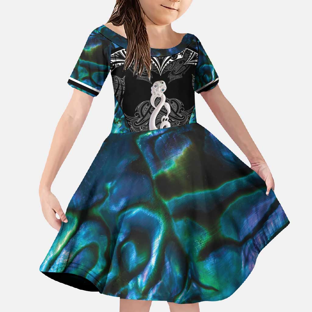 New Zealand Aotearoa Family Matching Mermaid Dress and Hawaiian Shirt Maori Taniwha Paua Shell LT05 Daughter's Dress Black - Polynesian Pride