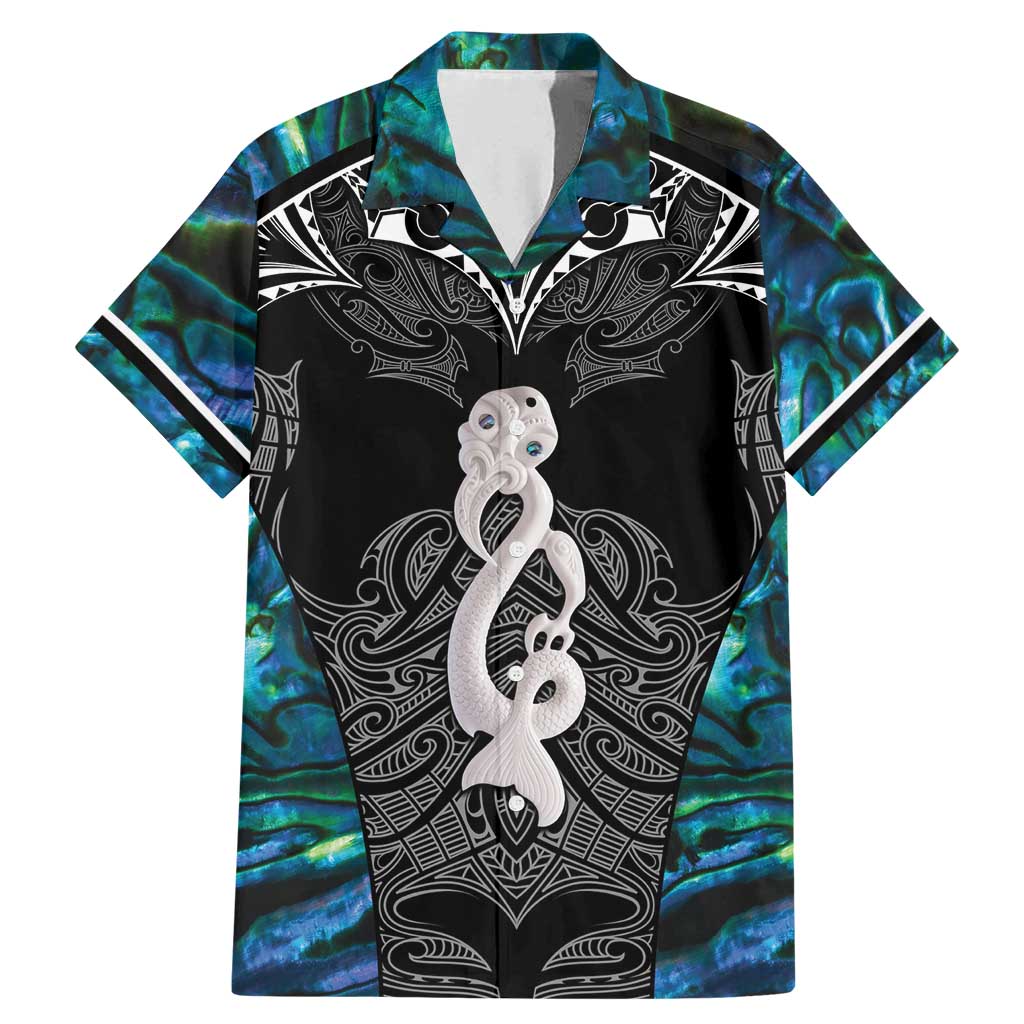 New Zealand Aotearoa Family Matching Mermaid Dress and Hawaiian Shirt Maori Taniwha Paua Shell LT05 Dad's Shirt - Short Sleeve Black - Polynesian Pride