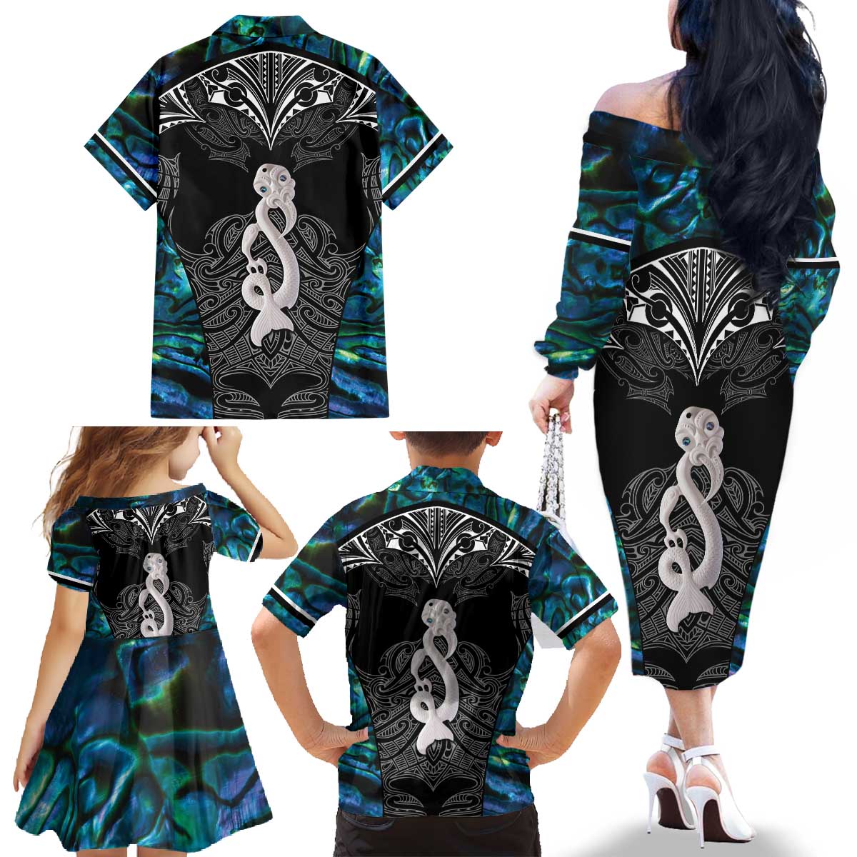 New Zealand Aotearoa Family Matching Off The Shoulder Long Sleeve Dress and Hawaiian Shirt Maori Taniwha Paua Shell LT05 - Polynesian Pride