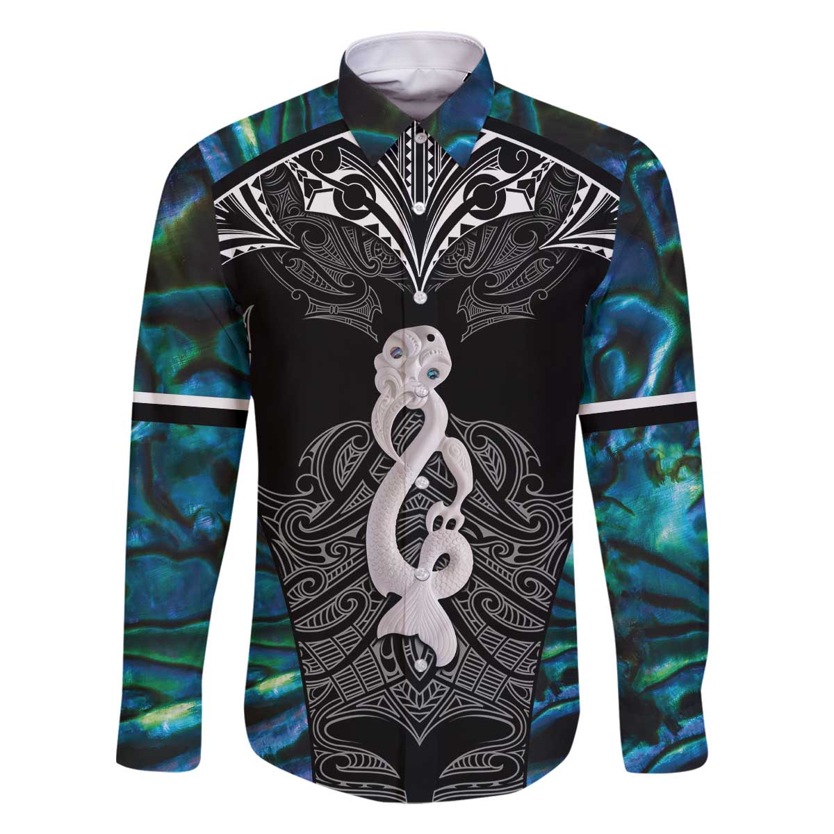 New Zealand Aotearoa Family Matching Off The Shoulder Long Sleeve Dress and Hawaiian Shirt Maori Taniwha Paua Shell LT05 Dad's Shirt - Long Sleeve Black - Polynesian Pride