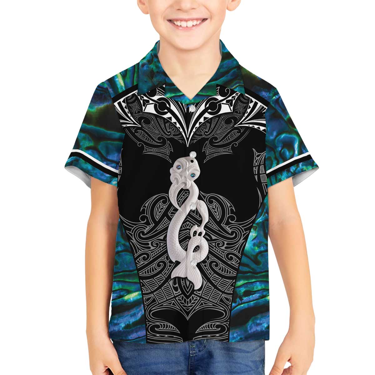 New Zealand Aotearoa Family Matching Off The Shoulder Long Sleeve Dress and Hawaiian Shirt Maori Taniwha Paua Shell LT05 Son's Shirt Black - Polynesian Pride