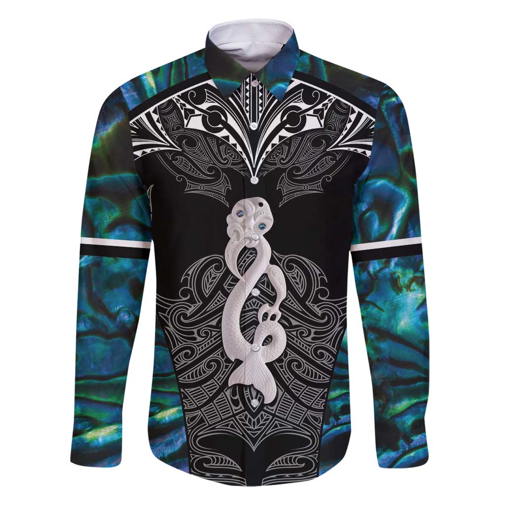 New Zealand Aotearoa Family Matching Off Shoulder Maxi Dress and Hawaiian Shirt Maori Taniwha Paua Shell LT05 Dad's Shirt - Long Sleeve Black - Polynesian Pride