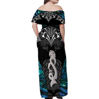 New Zealand Aotearoa Family Matching Off Shoulder Maxi Dress and Hawaiian Shirt Maori Taniwha Paua Shell LT05 - Polynesian Pride