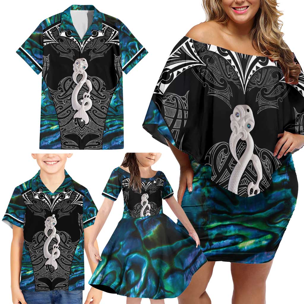 New Zealand Aotearoa Family Matching Off Shoulder Short Dress and Hawaiian Shirt Maori Taniwha Paua Shell LT05 - Polynesian Pride