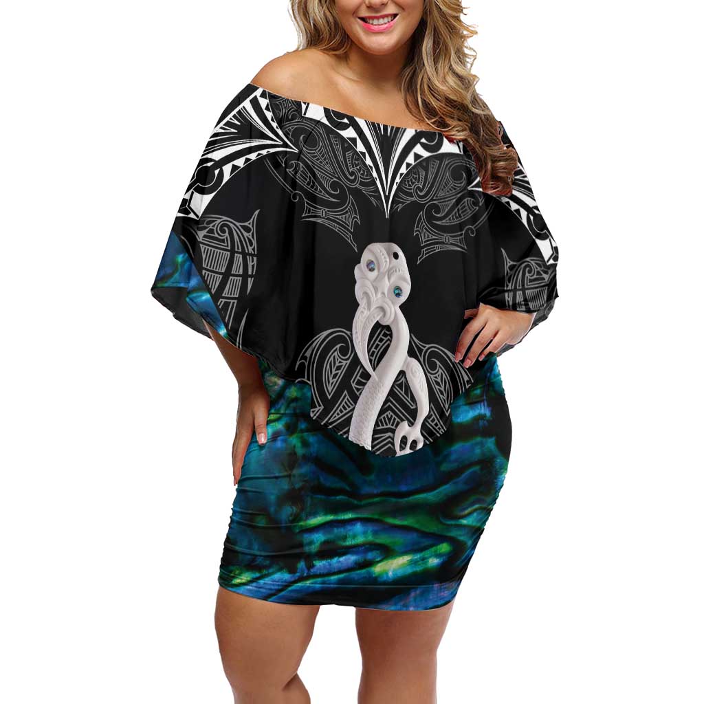 New Zealand Aotearoa Family Matching Off Shoulder Short Dress and Hawaiian Shirt Maori Taniwha Paua Shell LT05 Mom's Dress Black - Polynesian Pride