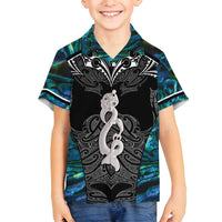 New Zealand Aotearoa Family Matching Off Shoulder Short Dress and Hawaiian Shirt Maori Taniwha Paua Shell LT05 Son's Shirt Black - Polynesian Pride