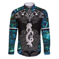 New Zealand Aotearoa Family Matching Puletasi and Hawaiian Shirt Maori Taniwha Paua Shell LT05 Dad's Shirt - Long Sleeve Black - Polynesian Pride