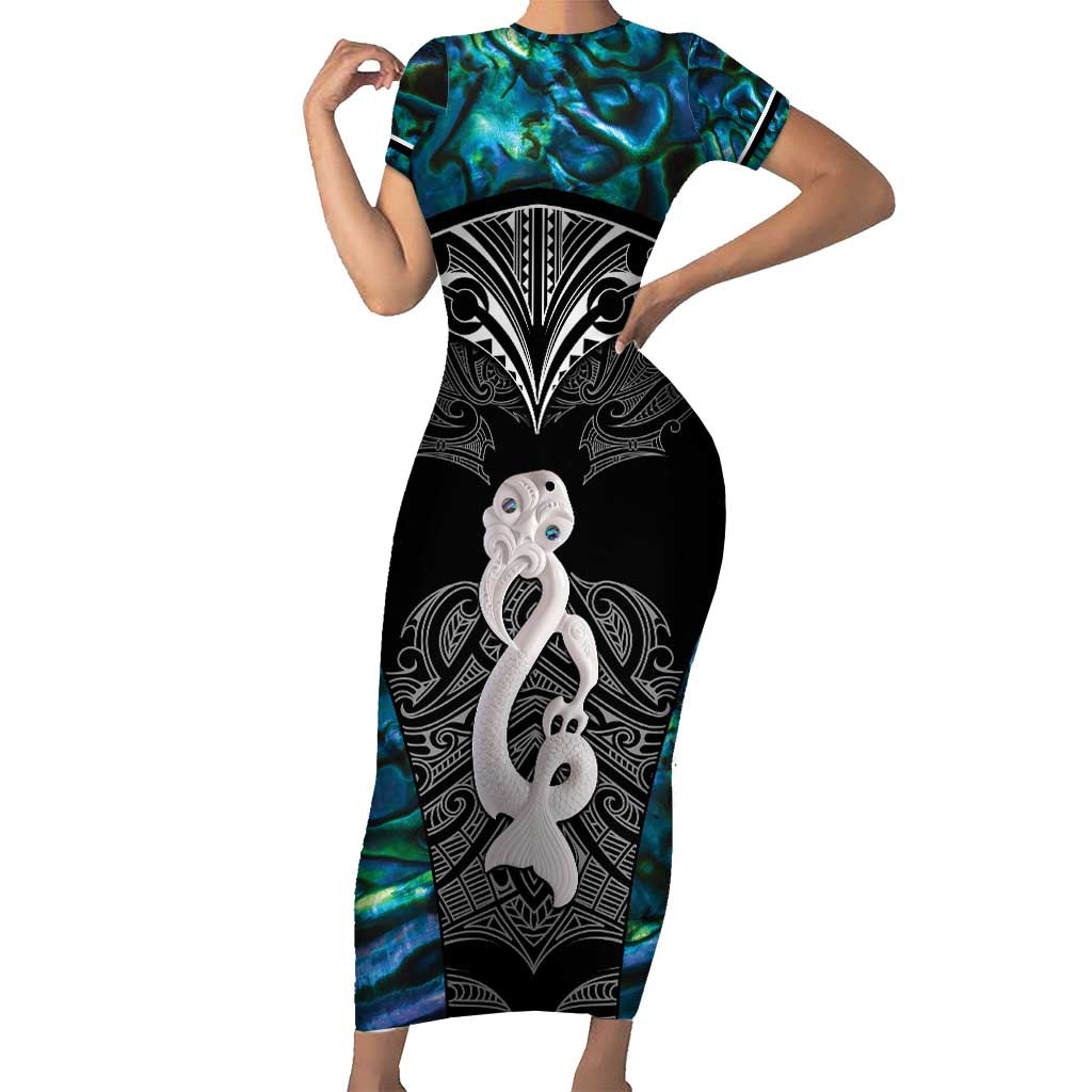 New Zealand Aotearoa Family Matching Short Sleeve Bodycon Dress and Hawaiian Shirt Maori Taniwha Paua Shell LT05 Mom's Dress Black - Polynesian Pride