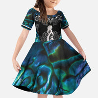 New Zealand Aotearoa Family Matching Tank Maxi Dress and Hawaiian Shirt Maori Taniwha Paua Shell LT05 Daughter's Dress Black - Polynesian Pride