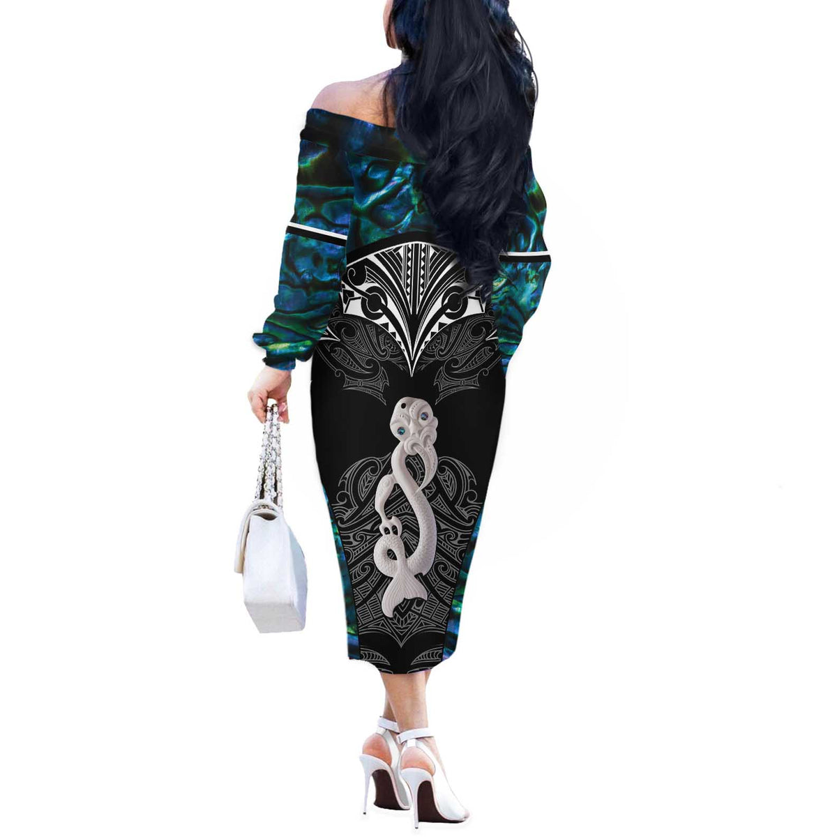 New Zealand Aotearoa Off The Shoulder Long Sleeve Dress Maori Taniwha Paua Shell LT05 - Polynesian Pride