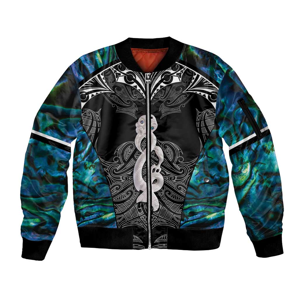 New Zealand Aotearoa Sleeve Zip Bomber Jacket Maori Taniwha Paua Shell LT05 Unisex Black - Polynesian Pride